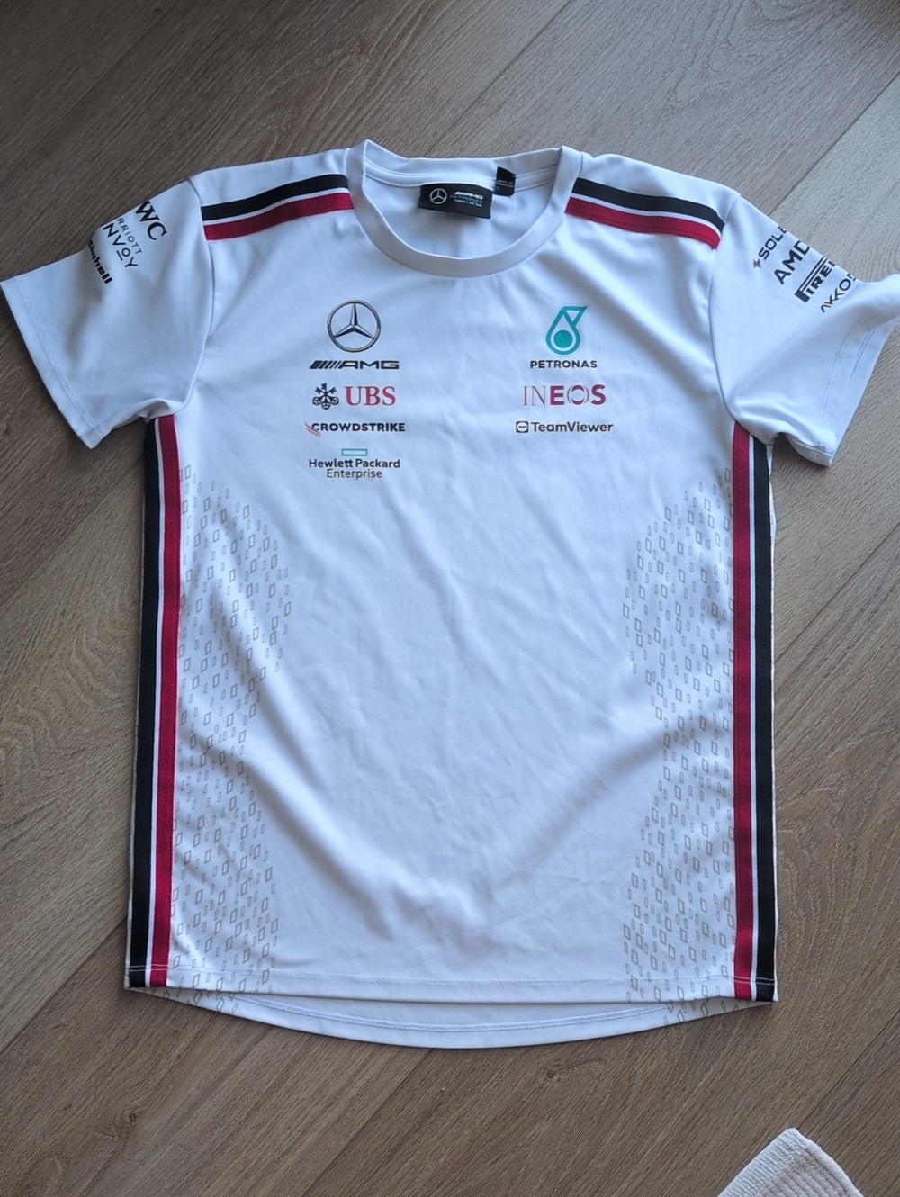 Mercedes AMG Petronas F1 White Team Tee with Black & Red Trim
